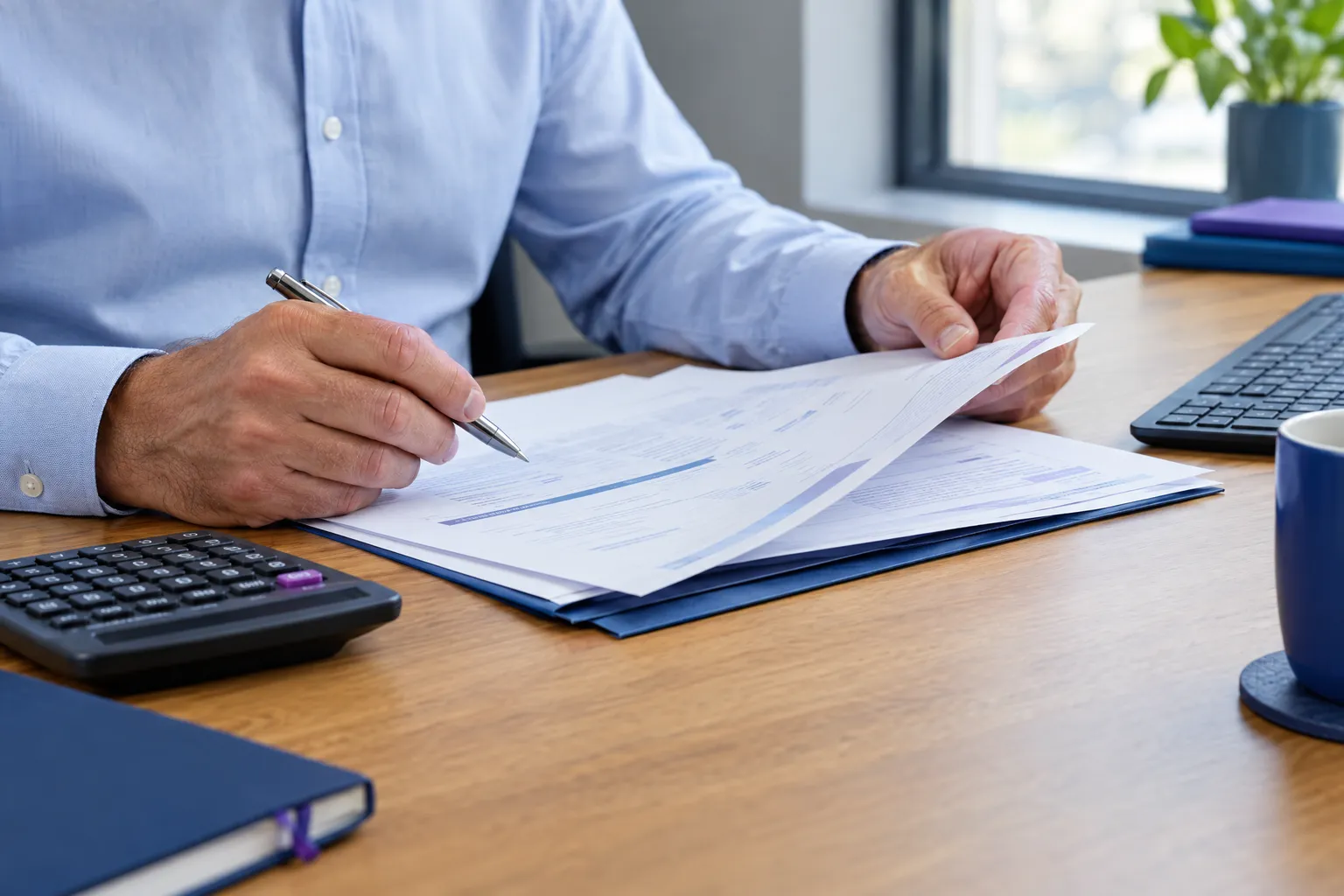 Illustrative close-up of hands reviewing paperwork at a desk