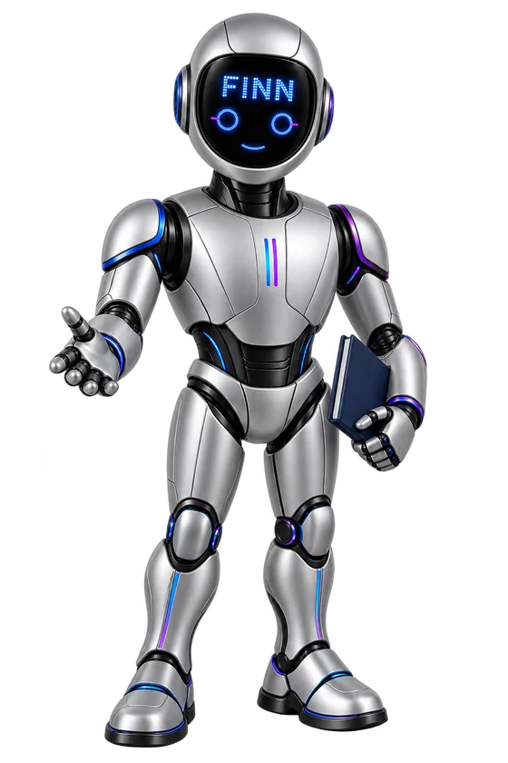 Finn, HCA’s silver robot guide with blue and purple details